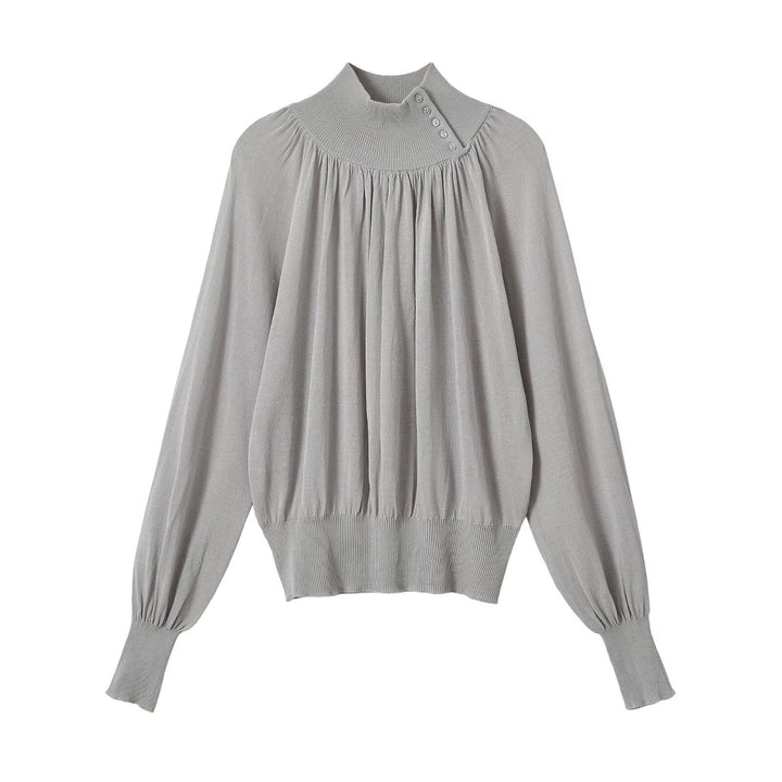 Ladies balloon sleeve fine-knit sweater with gathered stand-up collar and button detail Mune Fashion