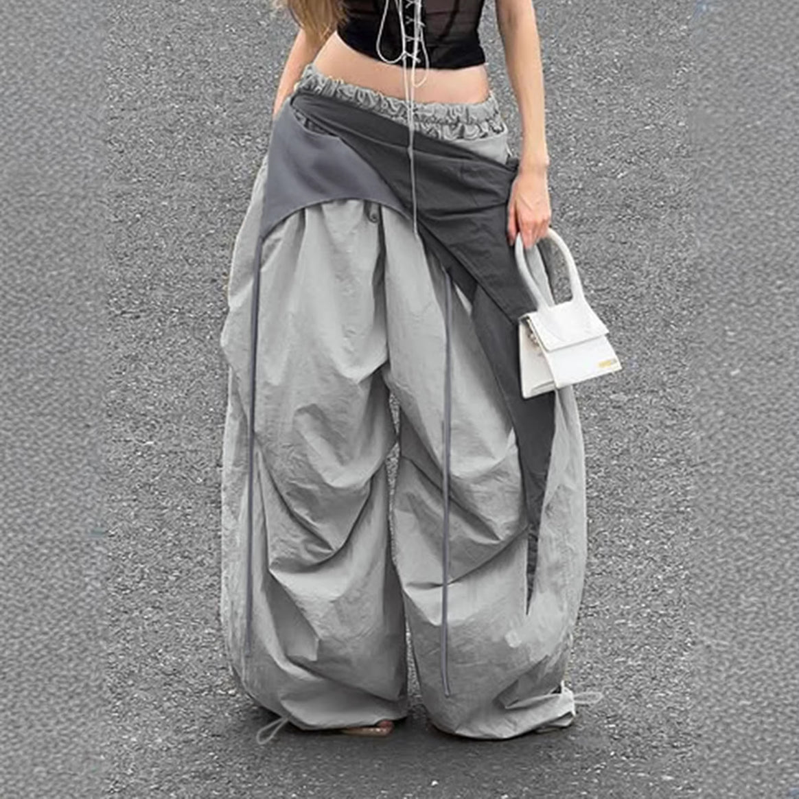 Women Wide Harem Pants with Draped Wrap Band and Elastic Smocking Waist Mune Fashion
