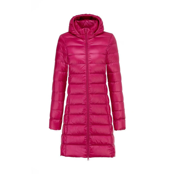 Women Long Cut Ultra-Light Thermal Parka with Contoured Silhouette and Hood Mune Fashion