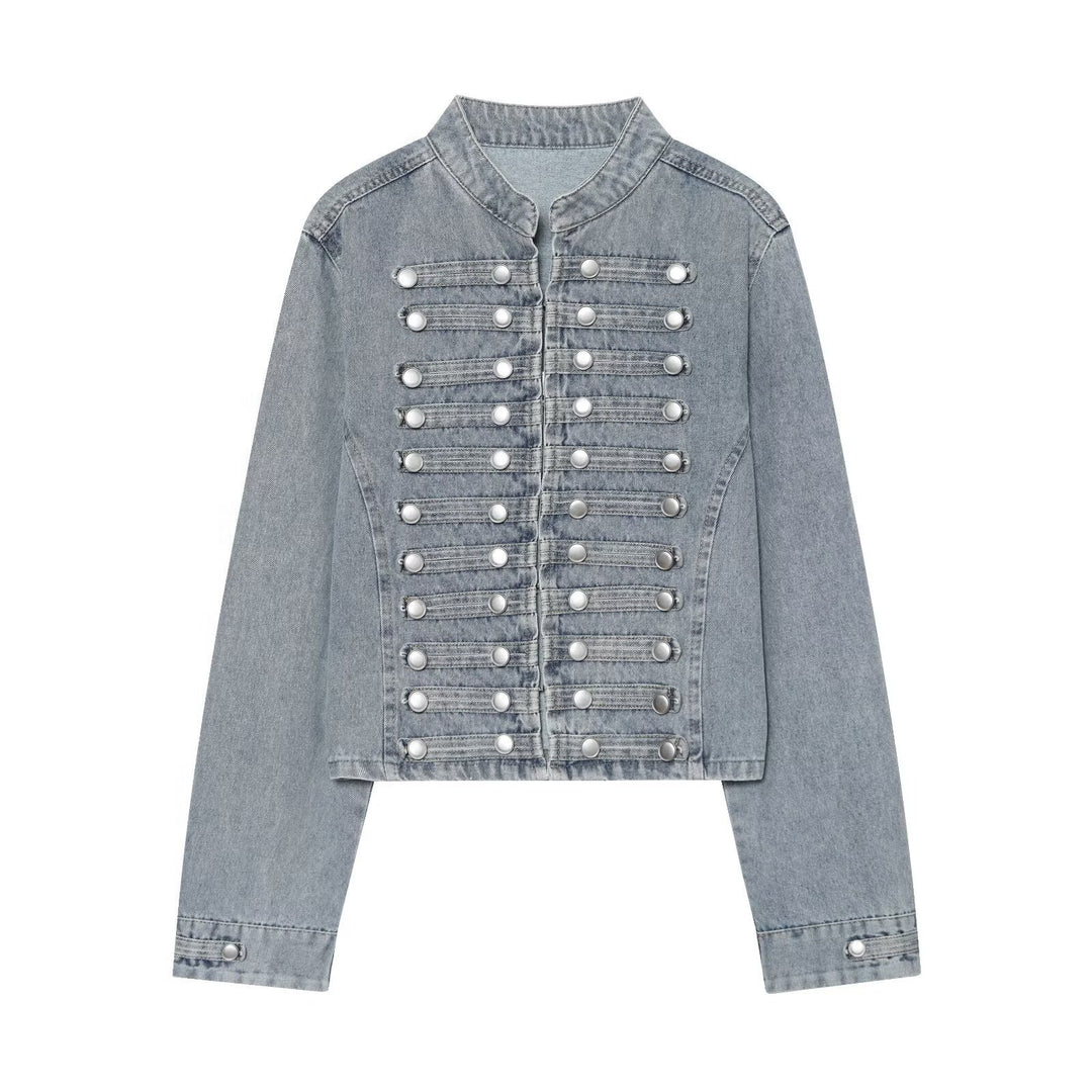 Ladies short cut denim jacket in military style with stand-up collar and decorative button rows Mune Fashion