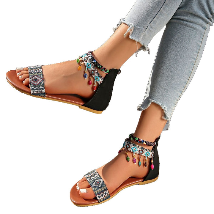 Women's Boho Sandals with Embroidered Straps, Braided Ankle Straps, and Decorative Beads Mune Fashion