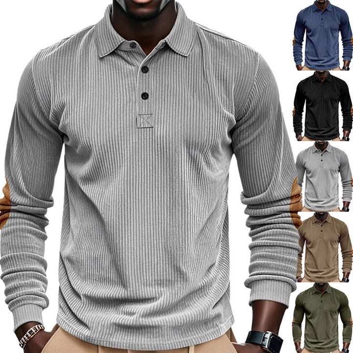Men's ribbed long sleeve polo shirt with Henley placket and velour-like elbow patches Mune Fashion