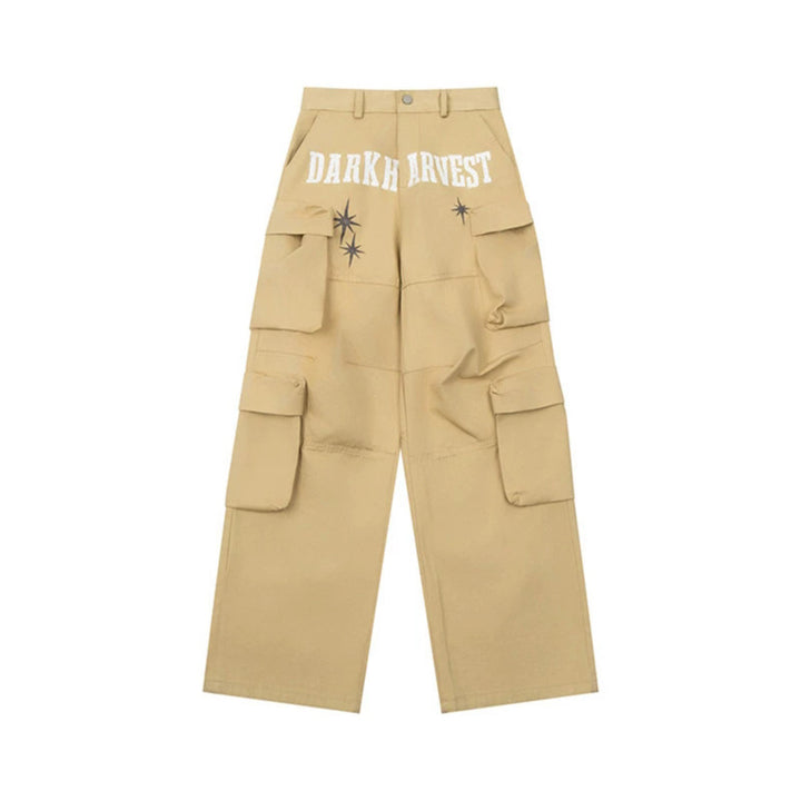 Women Wide Cargo Palazzo Pants with Multiple Pockets, High Waist and Statement Print Mune Fashion