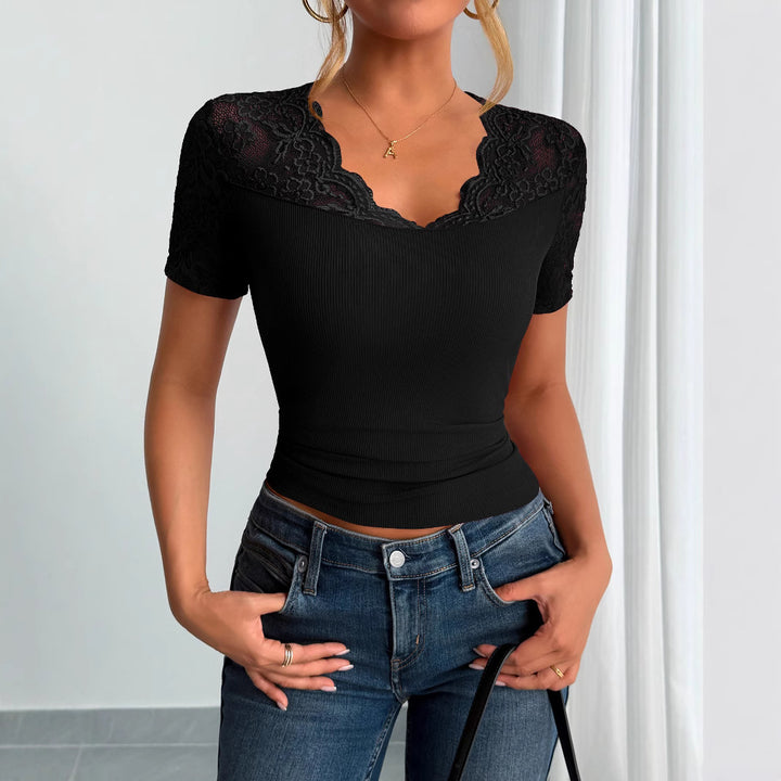 Ladies' fitted short-sleeve top with lace trim and V-neck Mune Fashion
