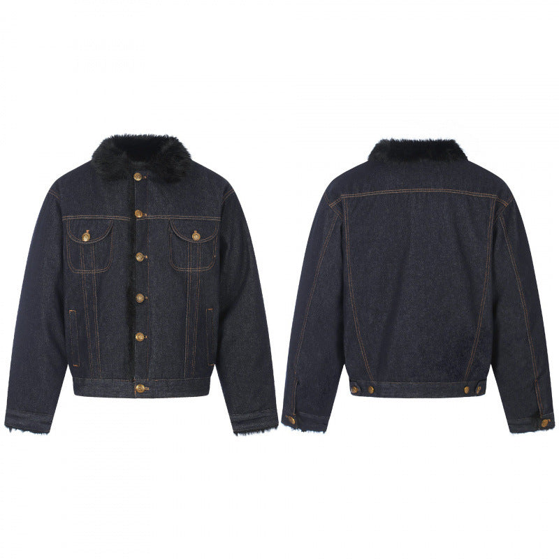 Men's short-cut denim jacket with faux fur collar and teddy lining look Mune Fashion