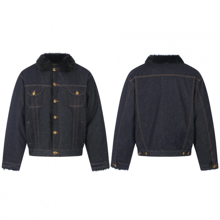 Men's short-cut denim jacket with faux fur collar and teddy lining look Mune Fashion