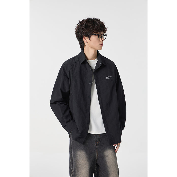 Unisex Relaxed Coach Shirt Jacket with Kent Collar, Snap Button Placket and Minimal Chest Print Mune Fashion