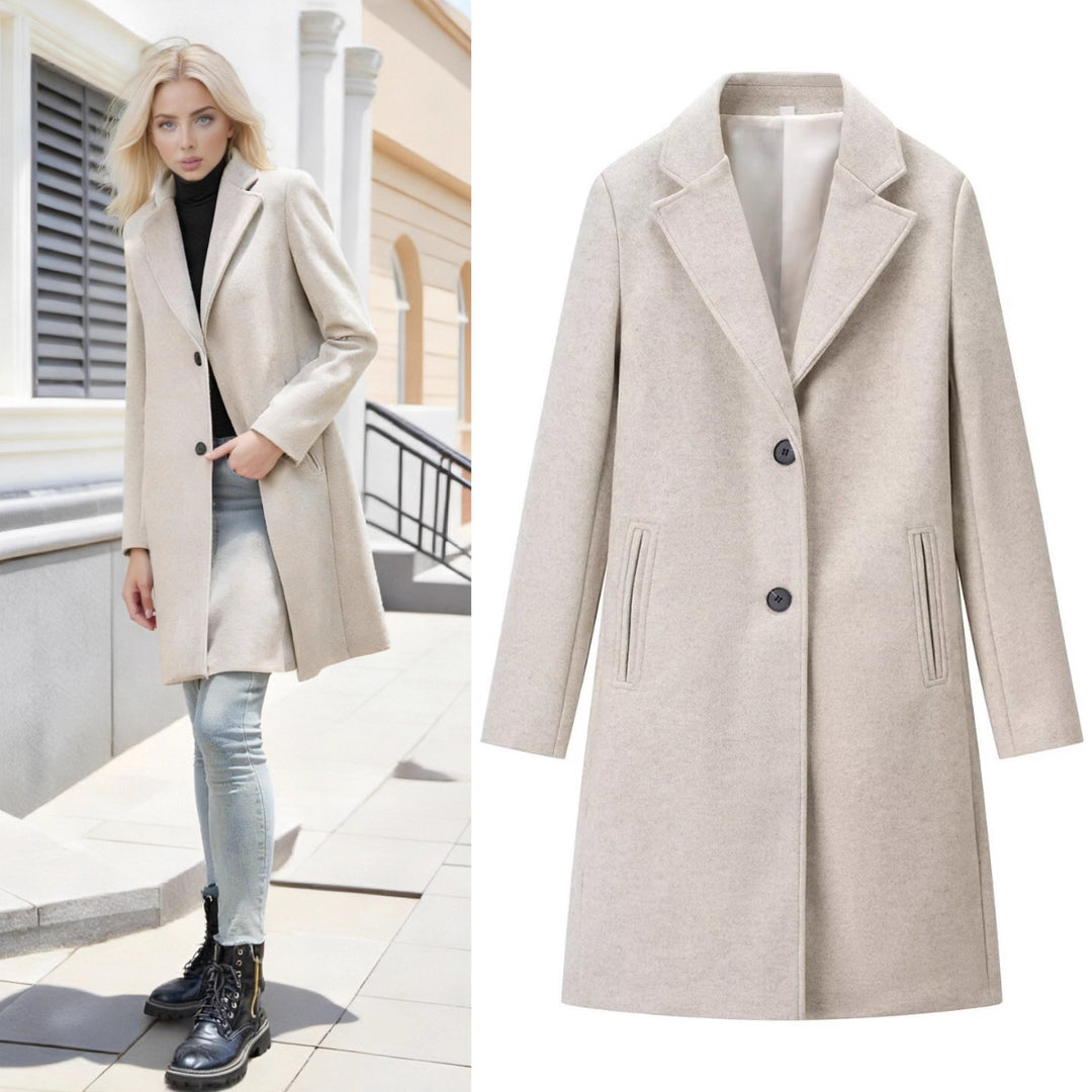 Women's Longline Single-Breasted Wool Blend Coat with Notched Collar and Welt Pockets Mune Fashion