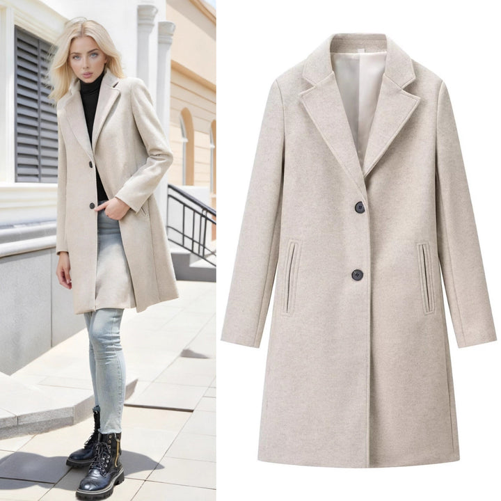 Women's Longline Single-Breasted Wool Blend Coat with Notched Collar and Welt Pockets Mune Fashion
