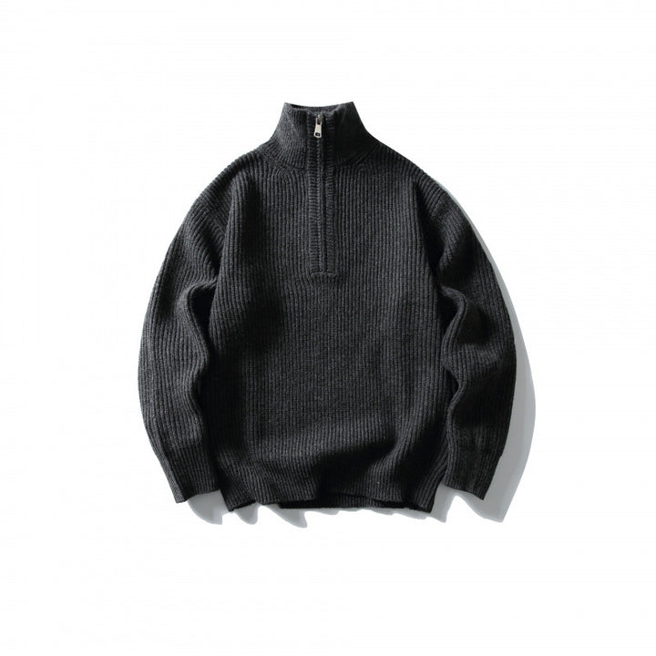 Unisex Structured Half-Zip Knit Sweater with High Stand-Up Collar and Ribbed Rib Knit Mune Fashion
