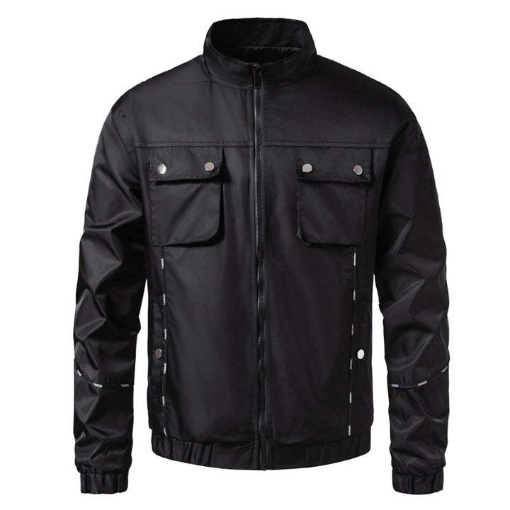 Men's Lightweight Utility Bomber Jacket with Flap Pockets, Stand-Up Collar, and Elastic Hem Mune Fashion