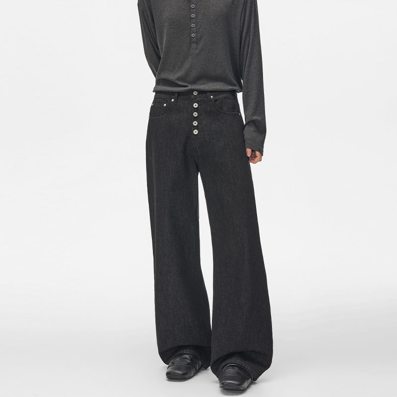 Men's High-Waisted Wide Denim Pants with Visible Button Placket and Extra Long Hem Mune Fashion