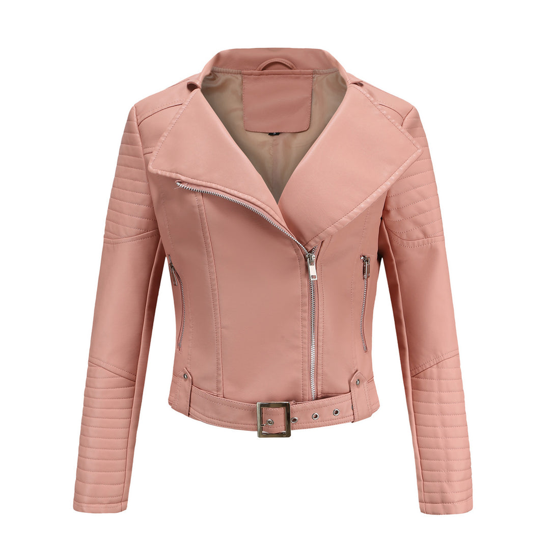 Women's cropped motorcycle jacket in biker look with asymmetric zipper and quilted sleeve part Mune Fashion
