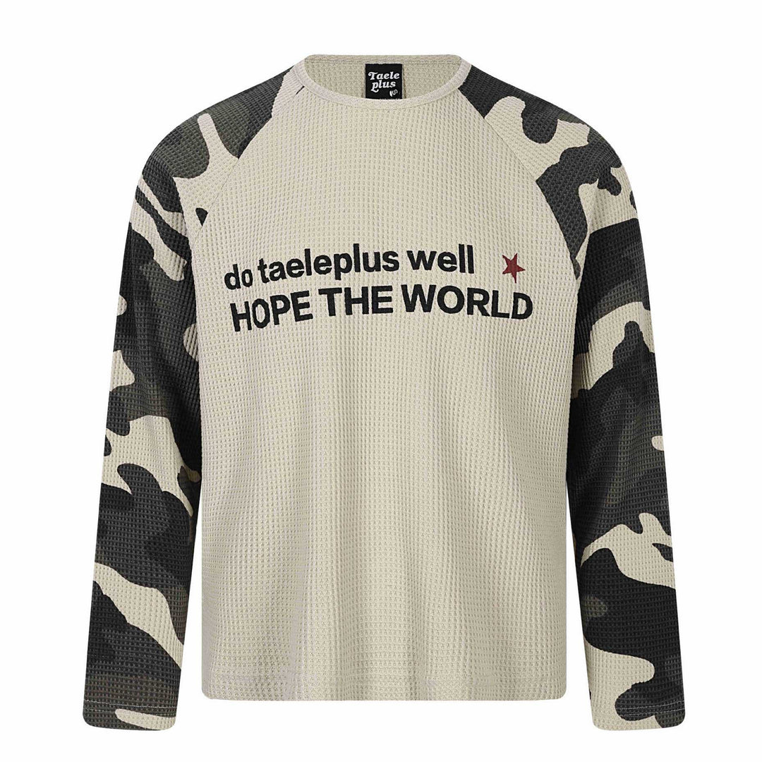 Unisex Waffle Knit Long Sleeve Shirt with Raglan Sleeves and Camouflage Details Mune Fashion