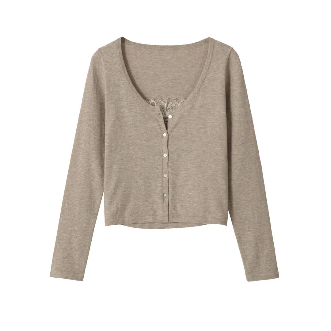 Women's fine-knit cardigan with lace insert and continuous button placket Mune Fashion