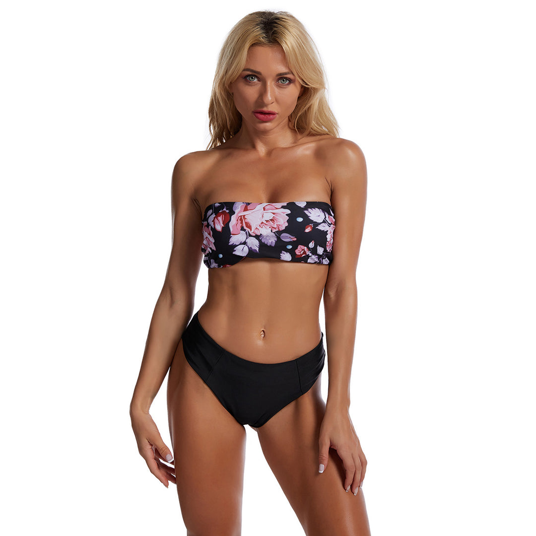 Women's Bandeau Bikini with Floral Top and High Waist Mune Fashion