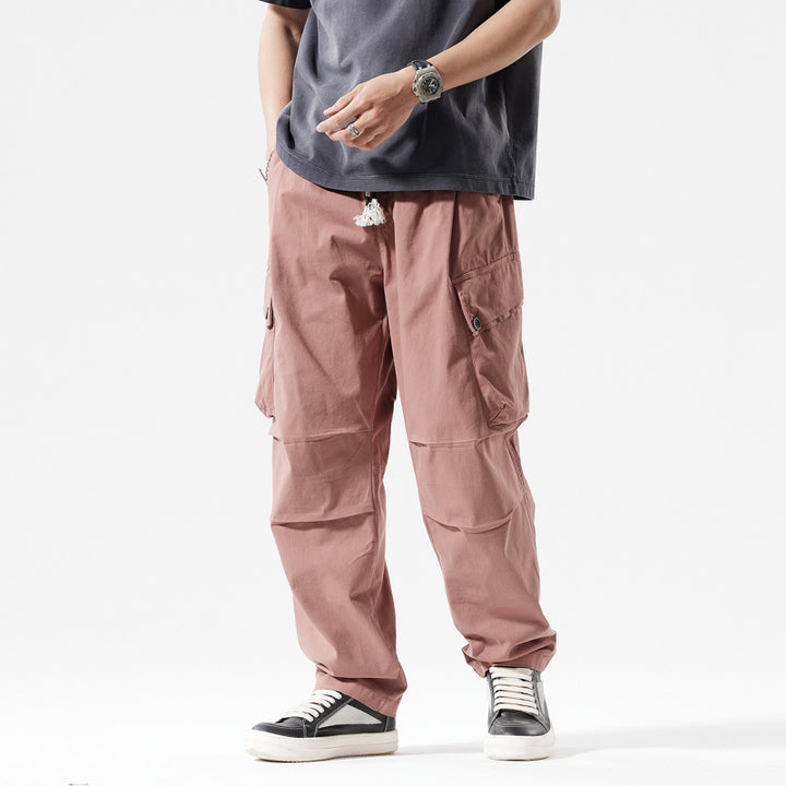Men's Lightweight Relaxed Cargo Pants with Buttoned Flap Pockets and Decorative Drawstring Mune Fashion