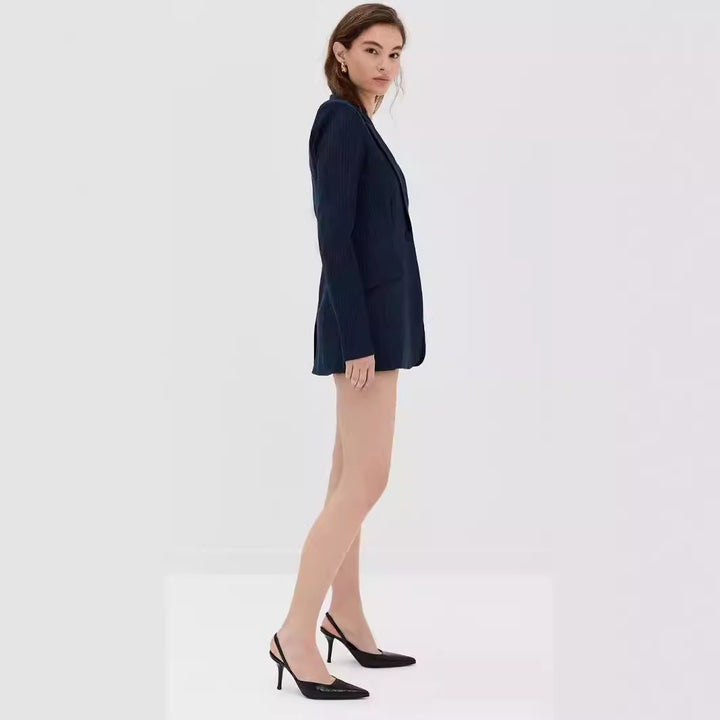 Women's mini blazer dress in pinstripe tailoring with deep shawl collar Mune Fashion