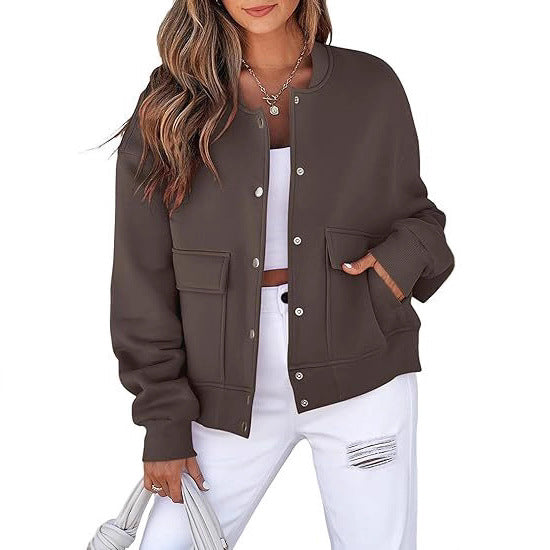Women casual oversized bomber jacket made of sweat fabric with snap button placket and patch pockets