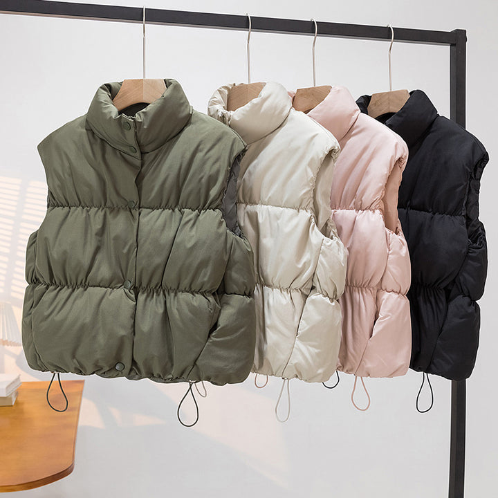 Women's Short Padded Vest with High Stand-Up Collar and Drawstring Mune Fashion