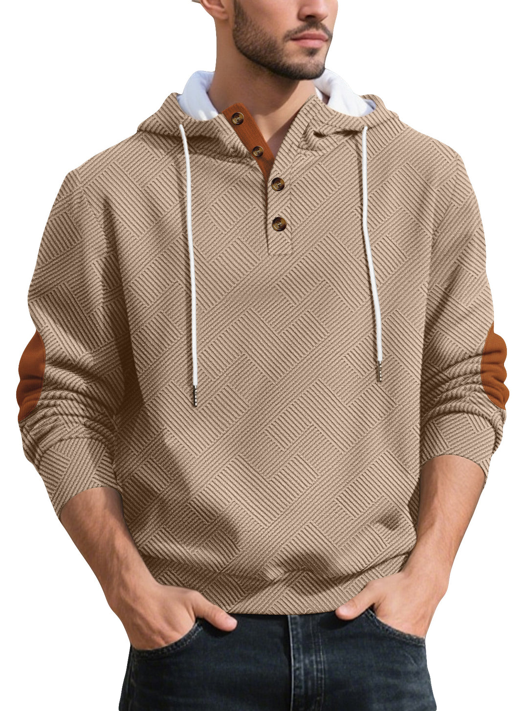 Men's structured hoodie henley pullover with jacquard texture, button placket, and elbow patches Mune Fashion