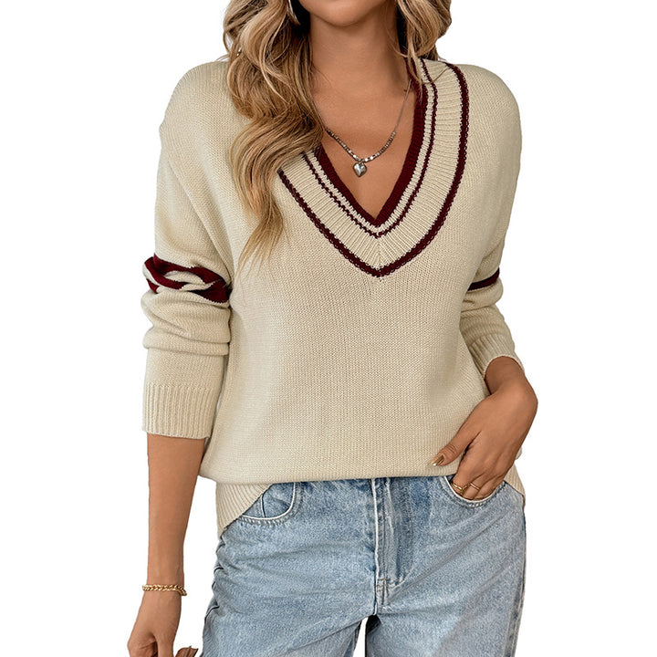 Women's Oversize V-Neck Knit Sweater with One-Shoulder, Contrast Stripes and Ribbed Cuffs Mune Fashion
