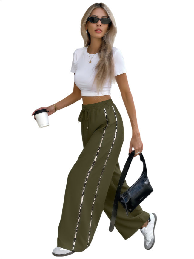 Women's Wide High-Waist Lounge Pants with Drawstring and Contrasting Side Stripes Mune Fashion