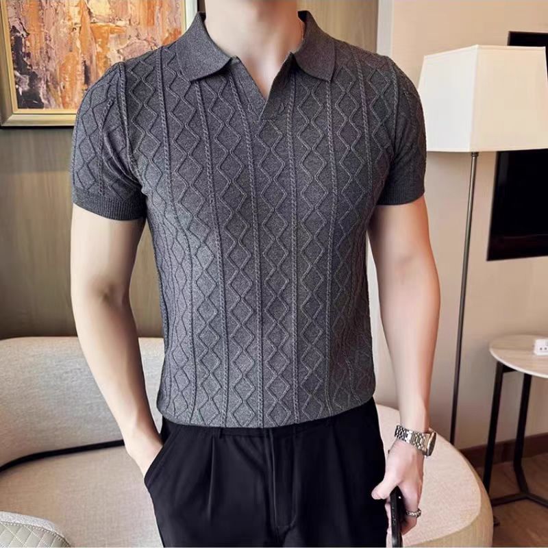 Men's Elegant Knitted Polo Shirt with Decorative Structure Mune Fashion