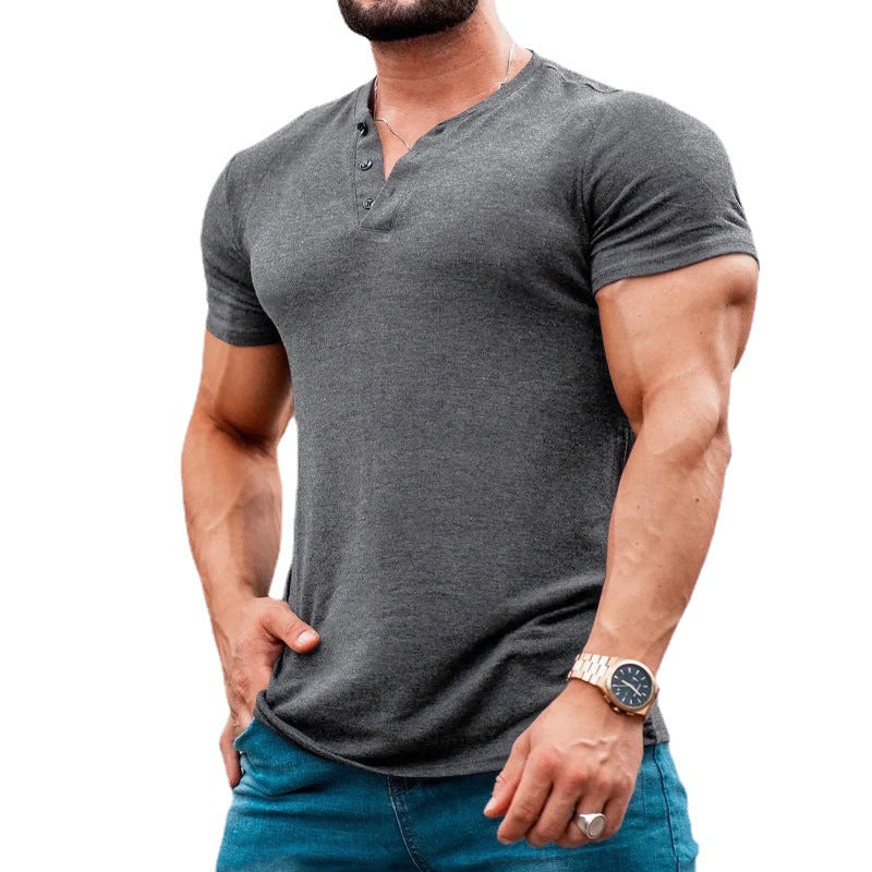 Men's muscle-fitting short-sleeve shirt with button placket and V-neck made of cotton stretch Mune Fashion