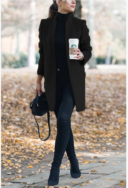 Women's tailored wool coat with stand-up collar and concealed button placket Mune Fashion
