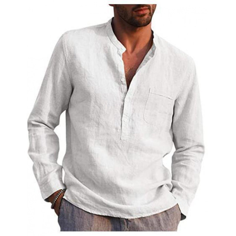 Men's Lightweight Linen Shirt with Stand Collar, Half Button Placket and Chest Pocket Mune Fashion