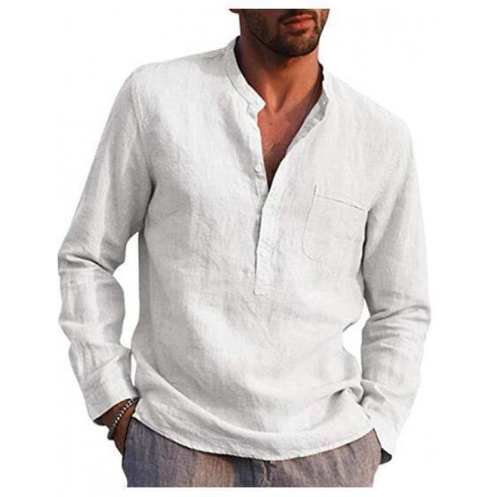Men's Lightweight Linen Shirt with Stand Collar, Half Button Placket and Chest Pocket Mune Fashion