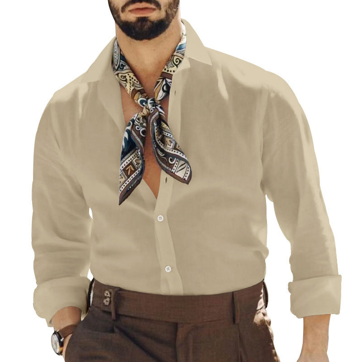 Men's casual resort shirt with deep V-neck, roll-up sleeves, and fine texture Mune Fashion