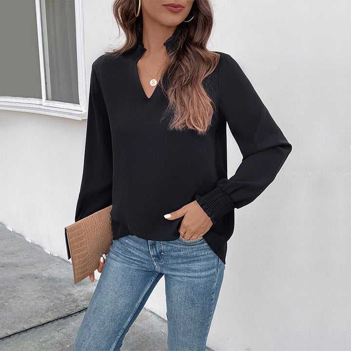 Women's Lightweight Viscose Blouse with Gathered Stand Collar, V-Neck and Smocking Cuffs