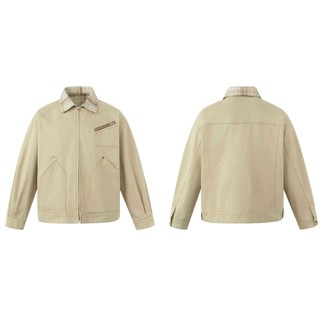 Men's short-cut canvas workwear blouson with check collar and zip chest pocket Mune Fashion