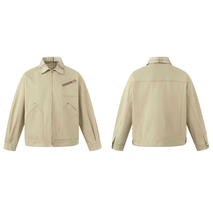 Men's short-cut canvas workwear blouson with check collar and zip chest pocket Mune Fashion