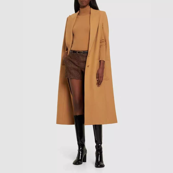 Women Cape-inspired Maxi long coat made of wool blend with narrow lapel Mune Fashion