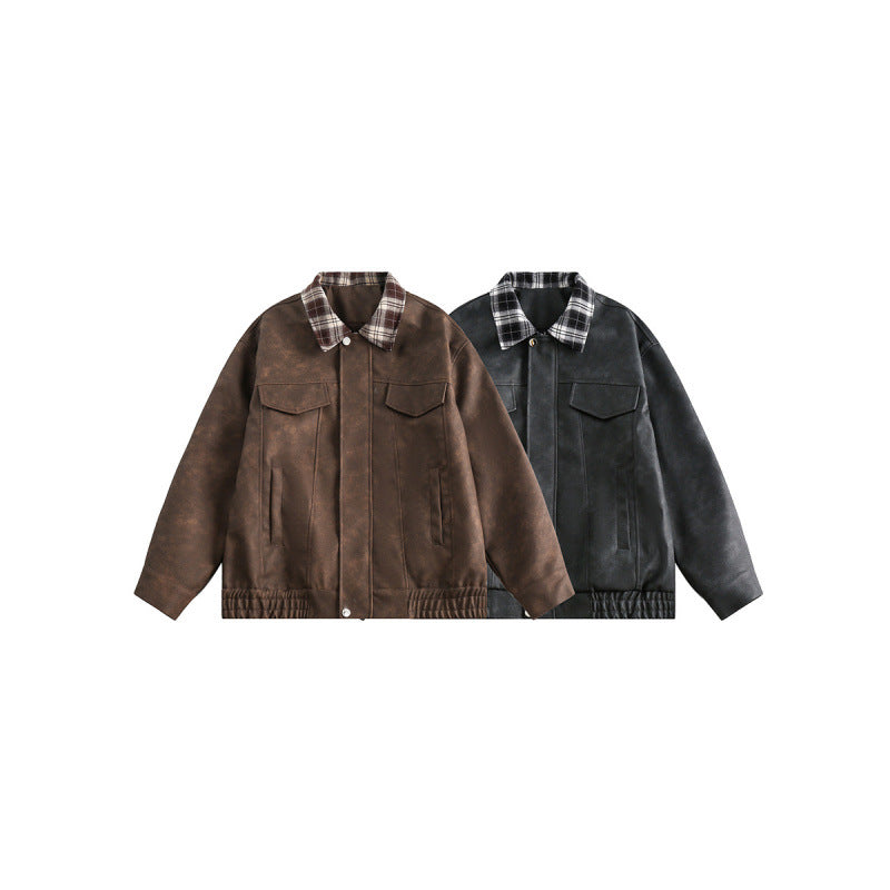Men's suede look bomber jacket with checked shirt collar, flap pockets, and elastic hem Mune Fashion