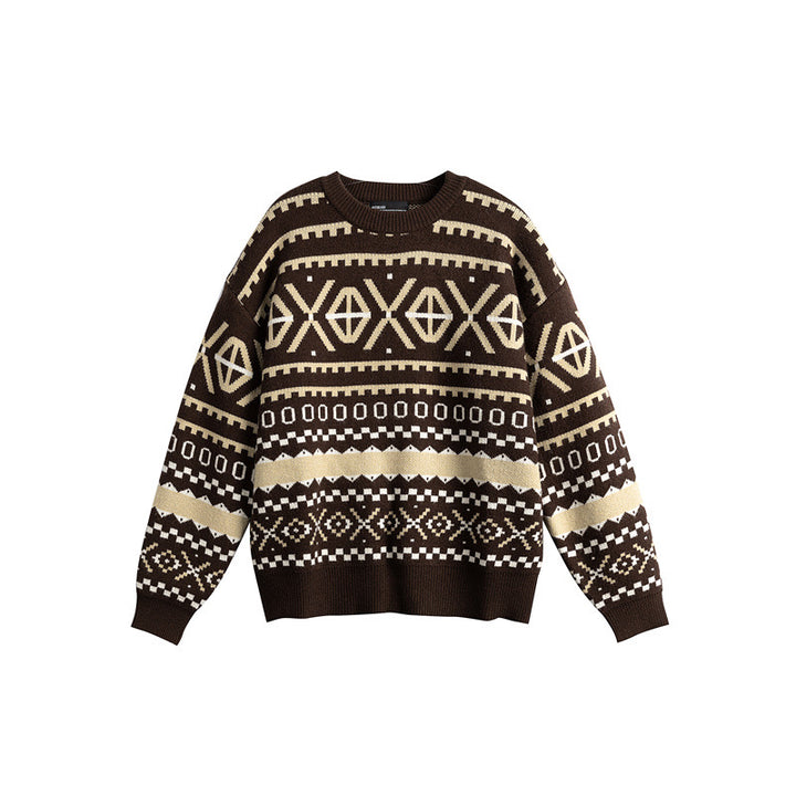Unisex Patterned Chunky Knit Sweater in Norwegian Style with Round Neck
