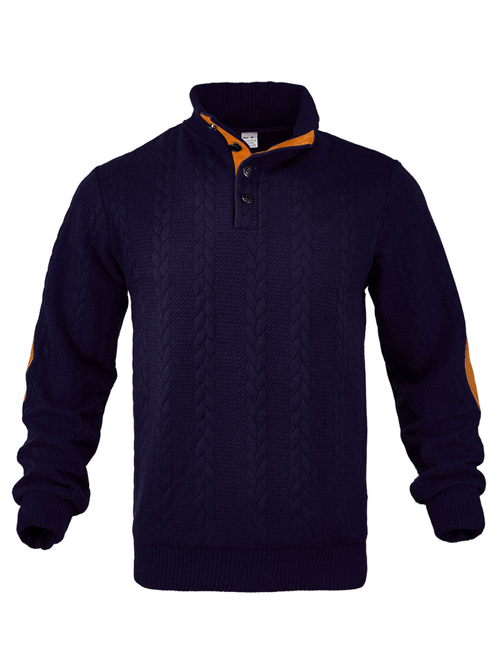 Men's Cable Knit Half Button Sweater with High Stand Collar and Suede Elbow Patches Mune Fashion