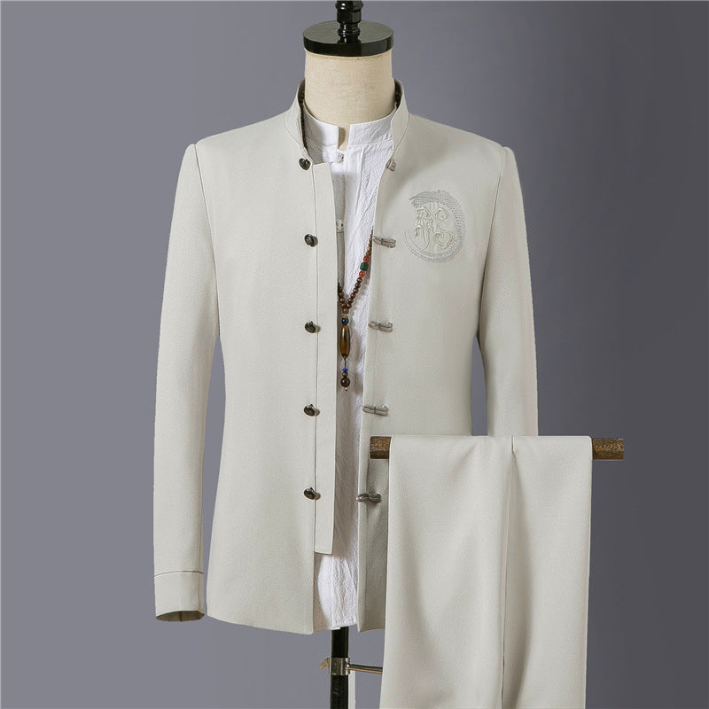 Men's Asian-inspired Mandarin jacket with stand-up collar, knot button placket, and tonal embroidered emblem Mune Fashion