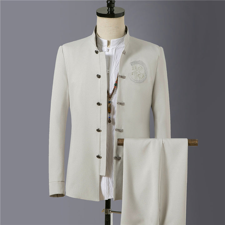 Men's Asian-inspired Mandarin jacket with stand-up collar, knot button placket, and tonal embroidered emblem Mune Fashion