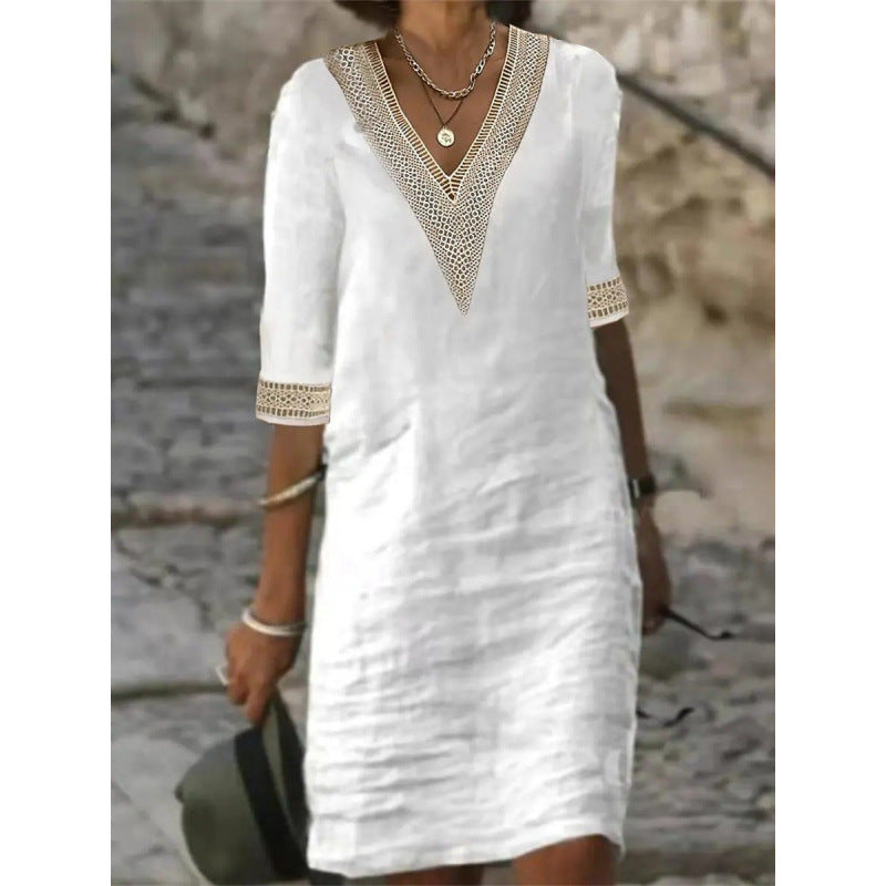 Women's Lightweight Linen Midi Dress with V-Neck and Crochet Lace Trim Mune Fashion