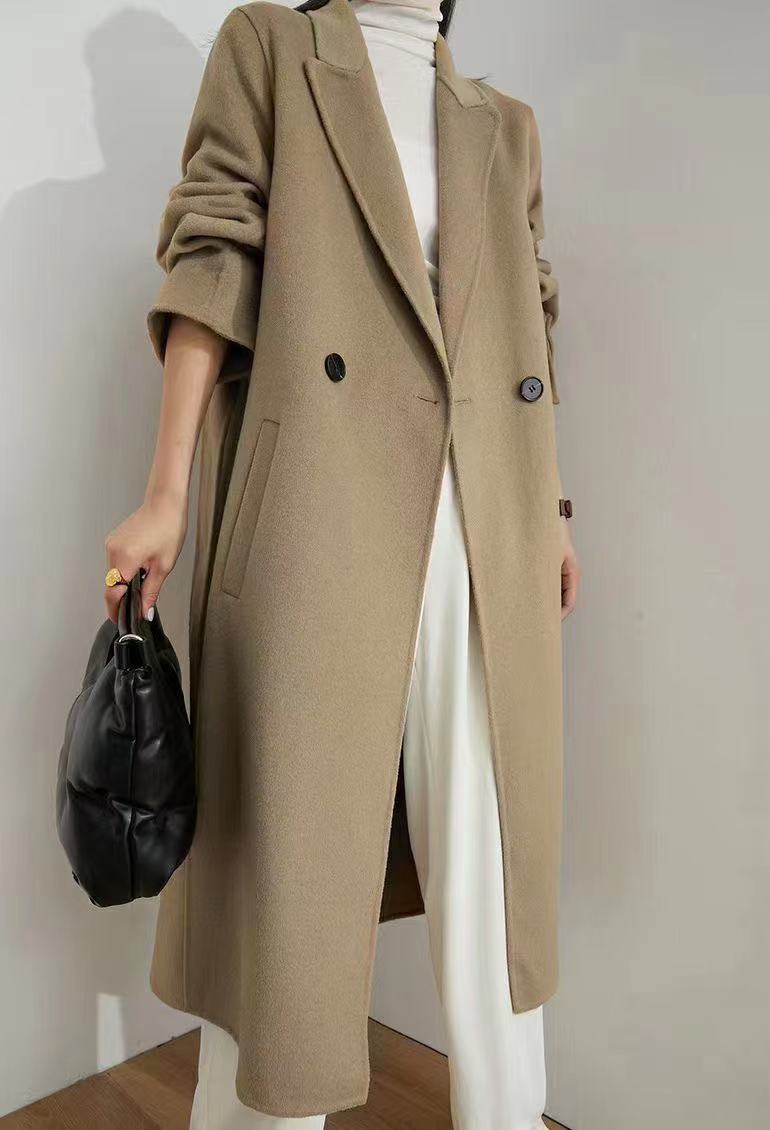 Women's Long Wool Blend Coat with Tie Belt and Balloon Sleeves Mune Fashion
