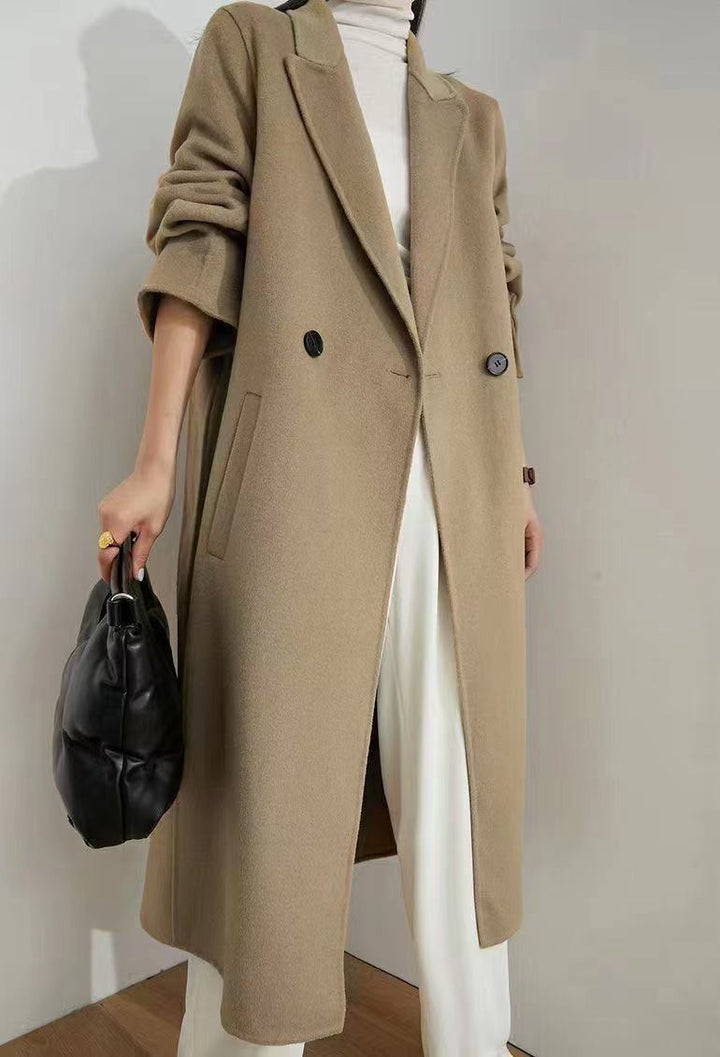 Women's Long Wool Blend Coat with Tie Belt and Balloon Sleeves Mune Fashion
