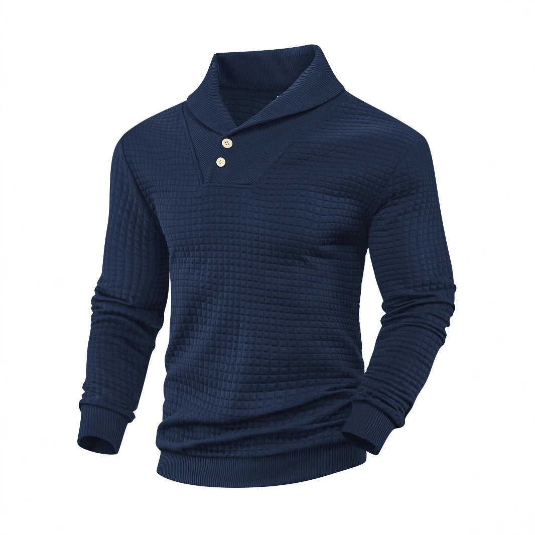 Men's elegant knitted pullover with shawl collar, button placket at neckline and check waffle texture Mune Fashion