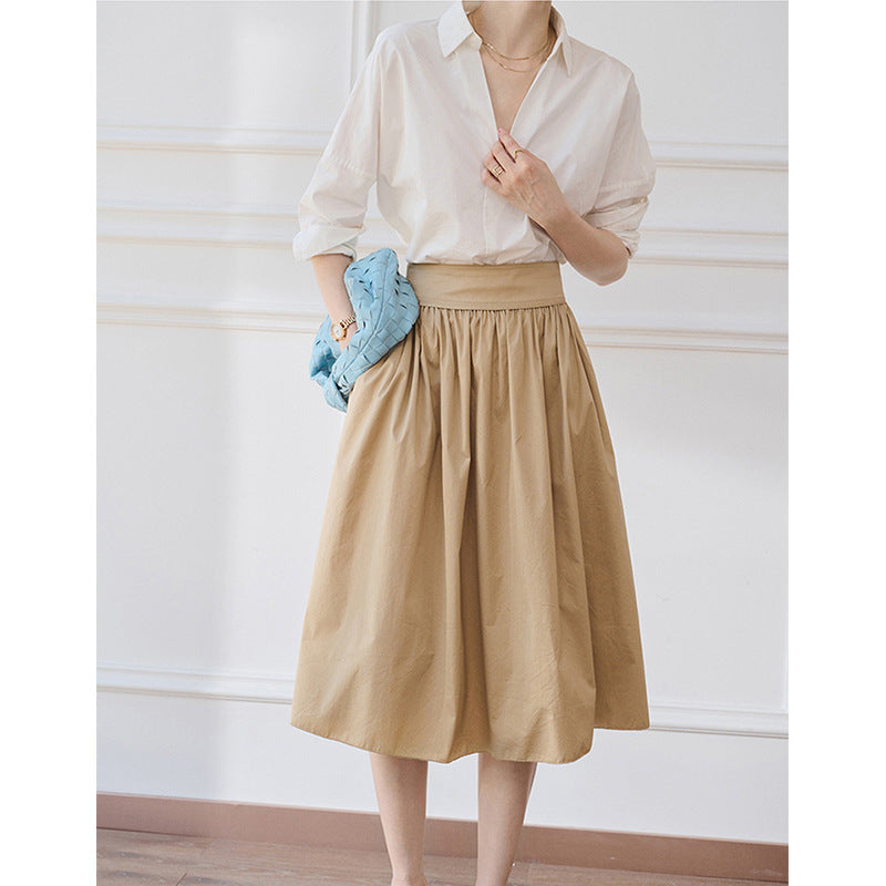 Women's Lightweight High-Waisted Midi Skirt Made of Cotton Blend with Gathered Waist and Voluminous A-Line Mune Fashion