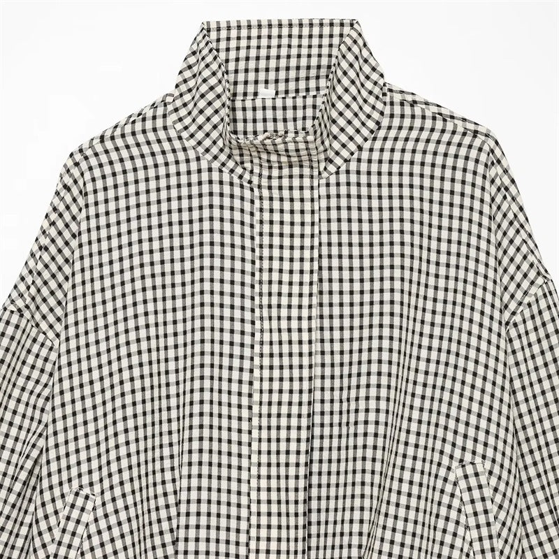 Women's short-cut boxy blouse in Vichy check with stand-up collar and elastic hem Mune Fashion