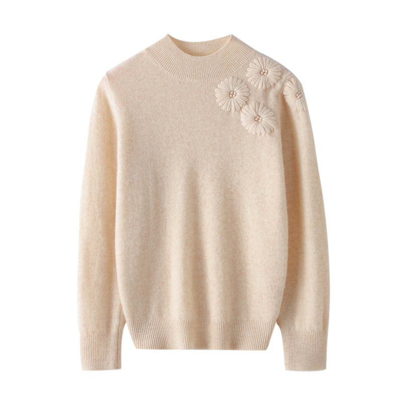 Women Soft Fine Knit Sweater with Short Stand-Up Collar, 3D Flower Application and Ribbed Cuffs Mune Fashion