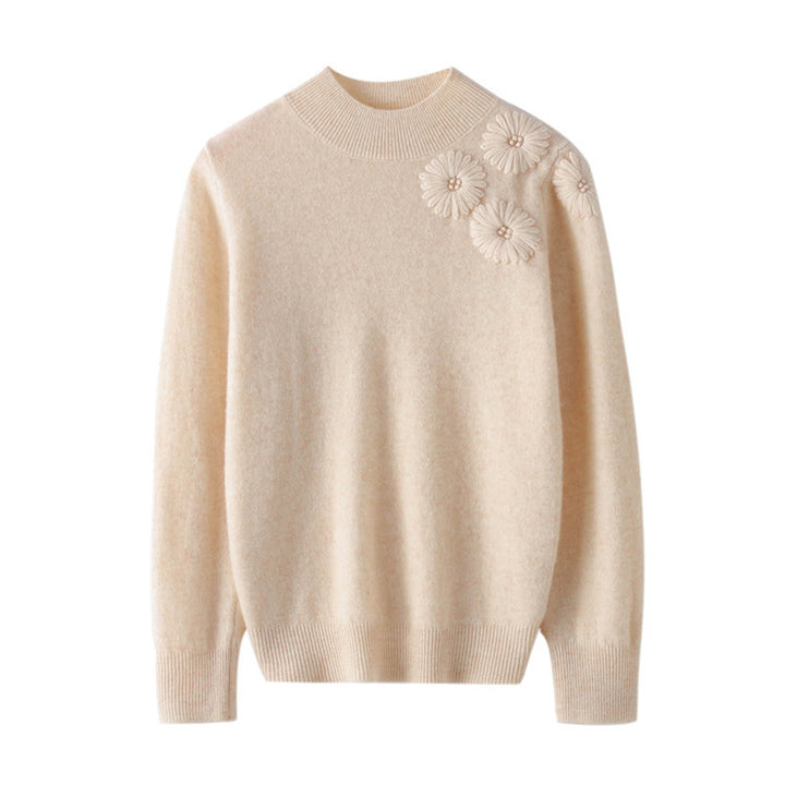 Women Soft Fine Knit Sweater with Short Stand-Up Collar, 3D Flower Application and Ribbed Cuffs Mune Fashion